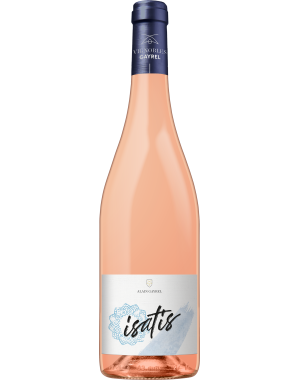 Bouteille d’Isatis Rosé - Vignobles Gayrel, vin rosé d’Occitanie, robe pâle brillante, assemblage Syrah et Braucol.