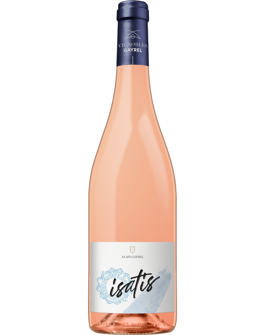 Bouteille d’Isatis Rosé - Vignobles Gayrel, vin rosé d’Occitanie, robe pâle brillante, assemblage Syrah et Braucol.