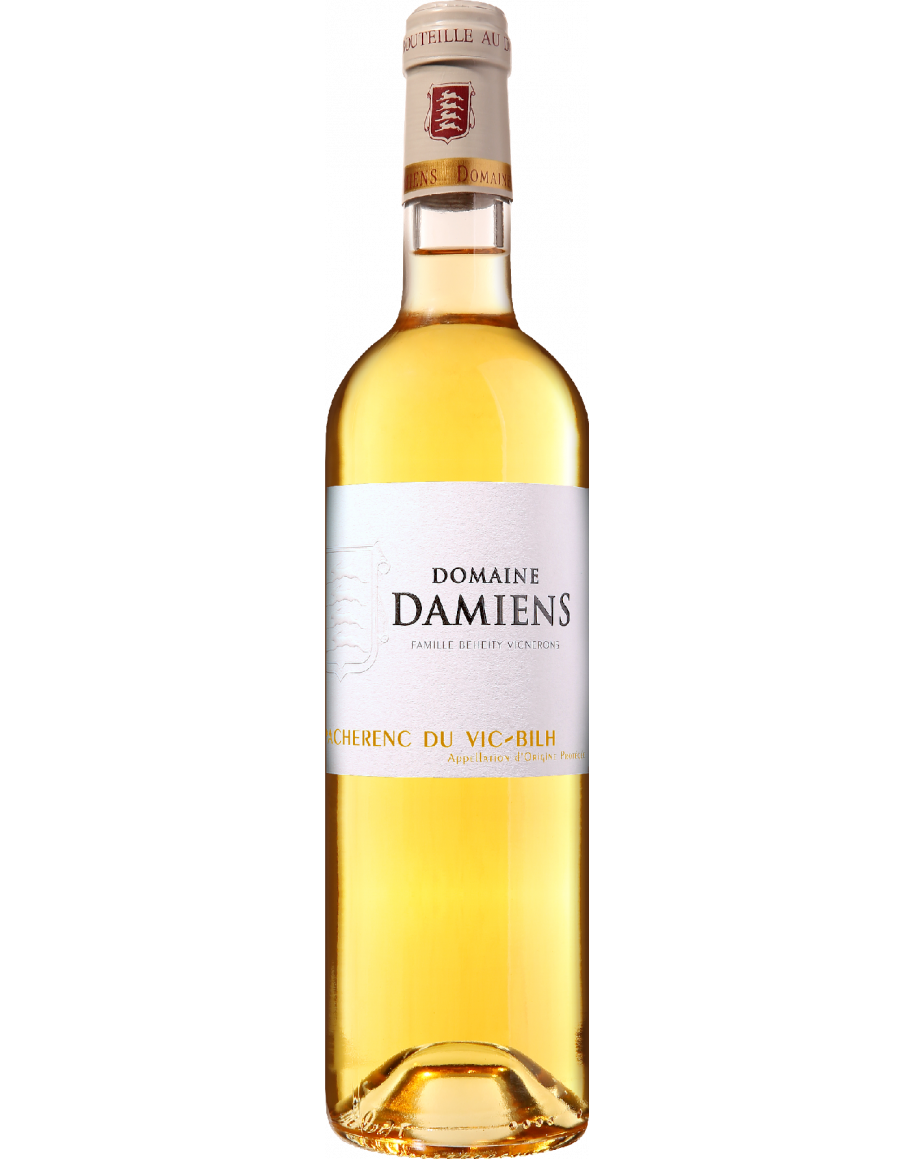 Bouteille de Domaine Damiens Doux - Pacherenc du Vic-Bilh, vin blanc doux bio, arômes de fruits mûrs et agrumes, 75 cl.